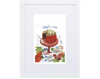 Carrot Cake Recipe Art Print | Illustrated Kitchen Food Wall Art (A4 Framed)