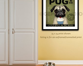 May include: A framed print featuring a pug dog holding a cupcake. The print has a green background with the words "PUG & CO." and "CUPCAKES." The print is labeled "MADE IN USA" and is a 24 x 24 inch print.