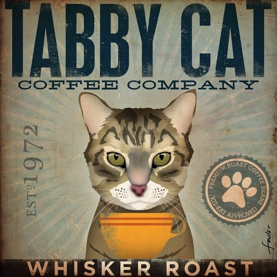 Tabby Cat Coffee Company Illustration Signed Artists Print by
