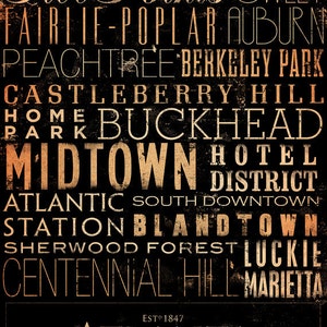 Atlanta Georgia neighborhoods typography graphic illustration print by Stephen Fowler PIck A Size image 2