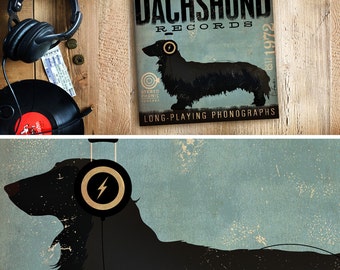 DACHSHUND dog longhaired records album style artwork on gallery wrapped canvas by stephen fowler
