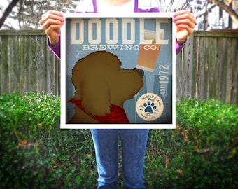May include: Square print featuring a brown Doodle dog silhouette wearing a red bandana. The print has the text "DOODLE BREWING CO." in white, with "EST. 1972" and a paw print logo. The background is light blue with a beer glass graphic.