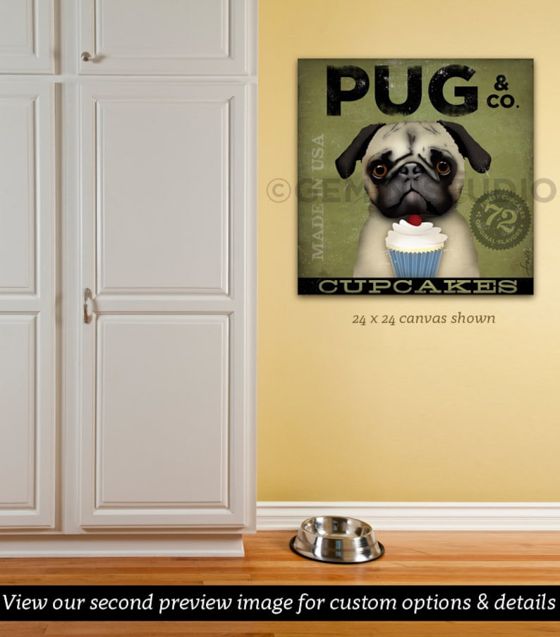 PUG Cupcake Company dog illustration graphic artwork on gallery wrapped canvas by stephen fowler image 1