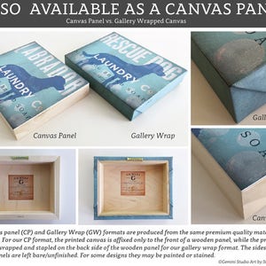 Puede incluir: Imagen que muestra paneles de arte en lienzo. La parte superior de la imagen muestra dos paneles rectangulares de lienzo con un dise&ntilde;o azul y blanco con un perro y las palabras "Laundry Co." y "Rescue Dog". La parte inferior muestra la parte posterior de los paneles. El texto dice "Tambi&eacute;n disponible como panel de lienzo."