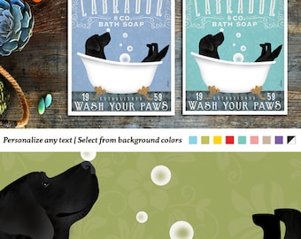 lab, black dog, bath, labrador, dog, bath tub, clawfoot tub, bubble bath, soap, powder room, UNFRAMED, print