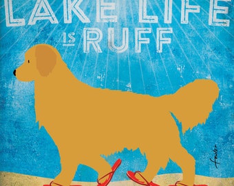 golden retriever, dog, lake, lake life, sandals, lake house, art, illustration, unframed print