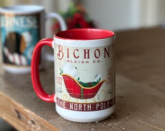 bichon, bichon frise, dog, sleigh, sled, holiday dog coffee mug graphic art MUG 15 oz ceramic coffee mug