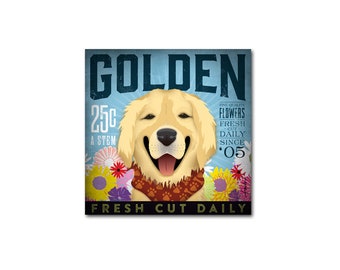 golden, dog, golden retreiver, flower, flowers, floral, wall art, dog lover, canvas art