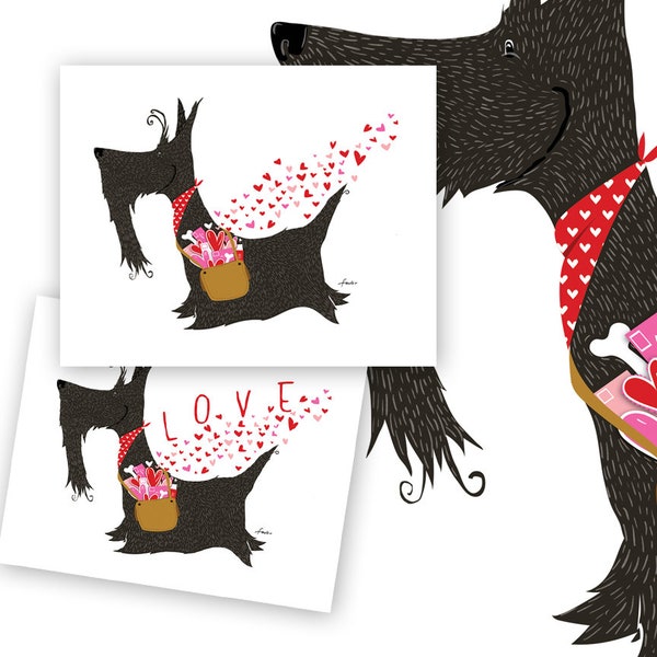 scottie, dog, scottish terrier, valentine, valentines day, hearts, heart, delivery, love, mail, UNFRAMED, print, border adds 1 inch