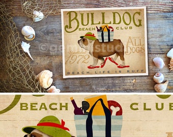 Bulldog english bulldog dog beach club artwork illustration in sandals graphic art signed artists print by Stephen Fowler