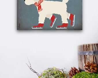 Goldendoodle Labradoodle ice skating graphic art on canvas panel by Stephen Fowler