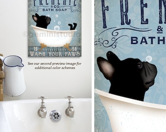 frenchie, dog, french bulldog, bath, bathtub, clawfoot tub, soap, bubble bath, CANVAS, art, personalized gift