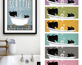 scottie, scottish terrier, dog, bath, tub, clawfoot tub, soap, bubble bath, UNFRAMED, print, personalized gift, border adds 1 inch