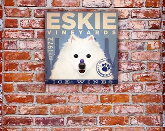 American Eskimo Eskie Dog Wine company illustration on stretched gallery wrapped canvas by Stephen Fowler