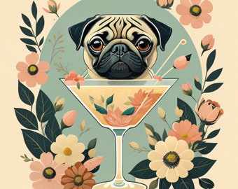 Pug Martini, dog, bar art, illustration, cocktail, digital download