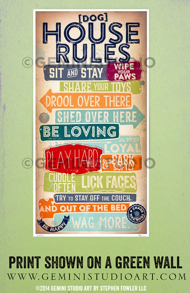 Dog House Rules pet typography graphic artwork giclee signed artists print by Stephen Fowler image 2