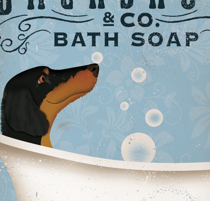 bath soap bath tub longhaired dachshund clawfoot wash your wiener long dog bath bath art bubbles CANVAS