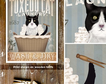 Tuxedo cat laundry basket company laundry room artwork UNFRAMED signed artists print by stephen fowler geministudio