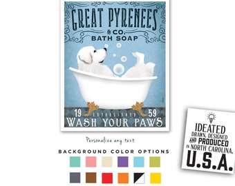 Great pyrenees, dog, bath, tub, clawfoot, powderroom, bubble, soap, wash your paws, UNFRAMED, print, border adds 1 inch