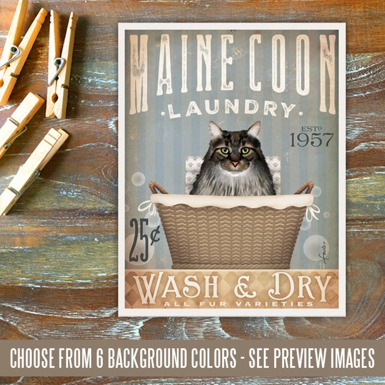 Maine Coon Cat Laundry Basket Company Laundry Room Artwork Etsy
