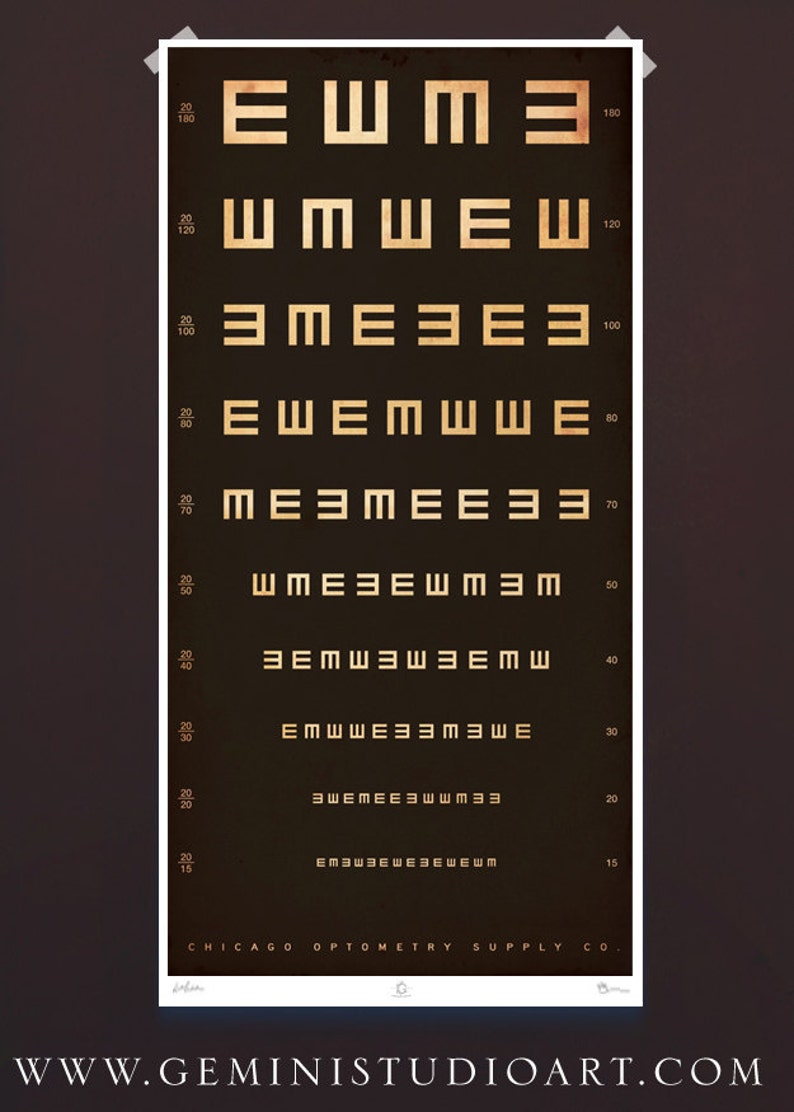 tumbling e eye exam chart vintage style graphic artwork