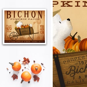 bichon, frise, hond, kar, vintage vrachtwagen, boerderij, herfst, herfst, pompoenpatch, pompkingboerderij UNFRAMED, print
