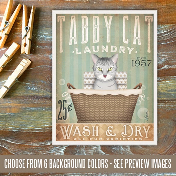 grey gray Tabby Cat laundry basket company laundry room artwork UNFRAMED signed artists print by stephen fowler geministudio