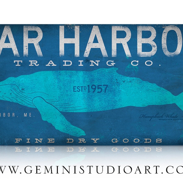 Bar Harbor Maine humpback whale trading company graphic art illustration on gallery wrapped canvas