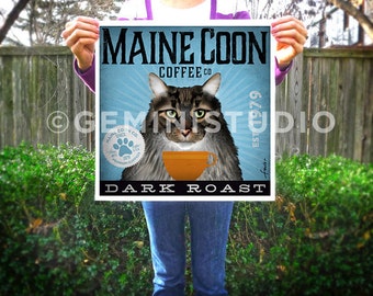 Maine Coon Cat coffee company artwork graphic illustration signed archival artists print giclee By Stephen Fowler PIck A Size