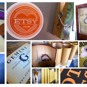 Puede incluir: Un collage de im&aacute;genes con art&iacute;culos relacionados con Etsy. Incluye una pegatina con el logotipo de Etsy, una impresi&oacute;n enmarcada con un dise&ntilde;o "Gemini" y un letrero de madera con "Gemini Studio" grabado. Otras im&aacute;genes muestran grabados art&iacute;sticos y una estatua de bulldog.