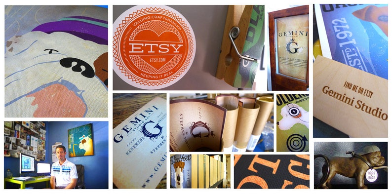 Puede incluir: Un collage de im&aacute;genes con art&iacute;culos relacionados con Etsy. Incluye una pegatina con el logotipo de Etsy, una impresi&oacute;n enmarcada con un dise&ntilde;o "Gemini" y un letrero de madera con "Gemini Studio" grabado. Otras im&aacute;genes muestran grabados art&iacute;sticos y una estatua de bulldog.