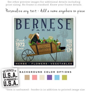May include: A vintage-style print featuring a wheelbarrow filled with herbs, flowers, and vegetables, with the text "Bernese Farms" and "You Pick 'Em". The design includes a dog wearing a hat and the text "Designed in U.S.A."