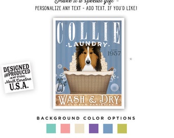 collie, dog, laundry, basket, wash, dry, fold, soap, laundry room, towels, art, artwork, decor, UNFRAMED, print