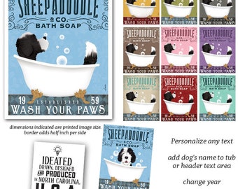 sheepadoodle, doodle, dog, dog art, dog lover, bath art, bath decor, bathtub, clawfoot tub, UNFRAMED, print