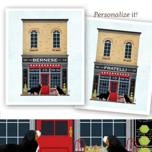 Bernese mountain dog berner dog coffee shop storefront graphic art UNFRAMED print by Stephen Fowler Pick A Size