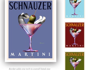 schnauzer, dog, martini, bar art, vodka, gin, paris, poster, advertising, illustration UNFRAMED, personalized gift