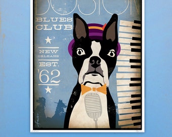 Boston Terrier Blues club original graphic illustration giclee archival signed print various sizes by stephen fowler