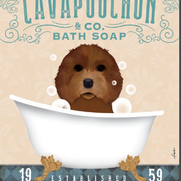 cavapoochon, bath, wash your wiener, dog, bath art, clawfoot tub, UNFRAMED print, dachshund fowler