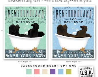 Newfoundland Dog Bath Art Print: Clawfoot Tub, Wash Your Paws (UNFRAMED)