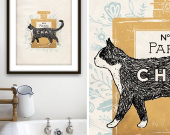 み→ねこSHOP　CHANEL アートボード Tuxedo Cat Perfume Art Print: No 5 Paris Decor (UNFRAMED) - Etsy