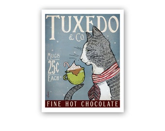 May include: Illustration of a gray and white cat wearing a red and white striped scarf and a plaid tie, holding a green mug of hot chocolate with a candy cane. The image has the text "Tuxedo & Co." and "Fine Hot Chocolate".