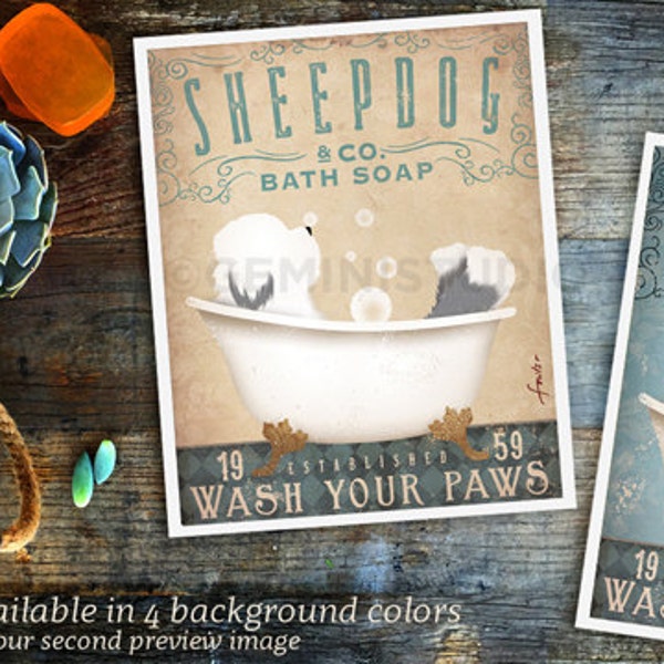Old English Sheepdog dog bath soap Company vintage style artwork by Stephen Fowler Giclee Signed Print