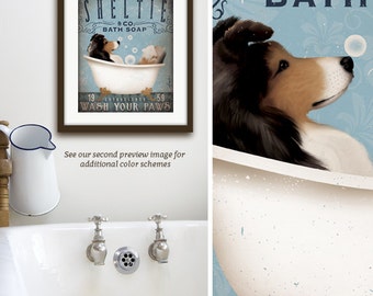 May include: A vintage-style illustration of a Sheltie dog in a bathtub with bubbles. The text reads "Sheltie & Co. Bath Soap" and "Wash Your Paws".