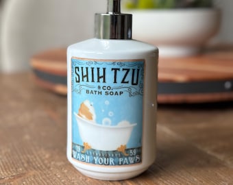 shih tzu, dog, bath, wash your paws, tub, clawfoot, ceramic, SOAP DISPENSER, fowler geministudio
