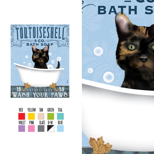 tortoiseshell, cat, tortie, torte,  bath soap Company vintage style artwork by Stephen Fowler Giclee Signed Print