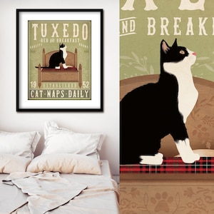 cat, tuxedo cat, black and white, cat lover, bed and breakfast, bedroom decor, wall art, UNFRAMED print