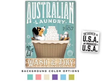 australian shepherd, aussie, dog, laundry, basket, soap, wash, dry, laundry room, fold, canvas, personalized gift