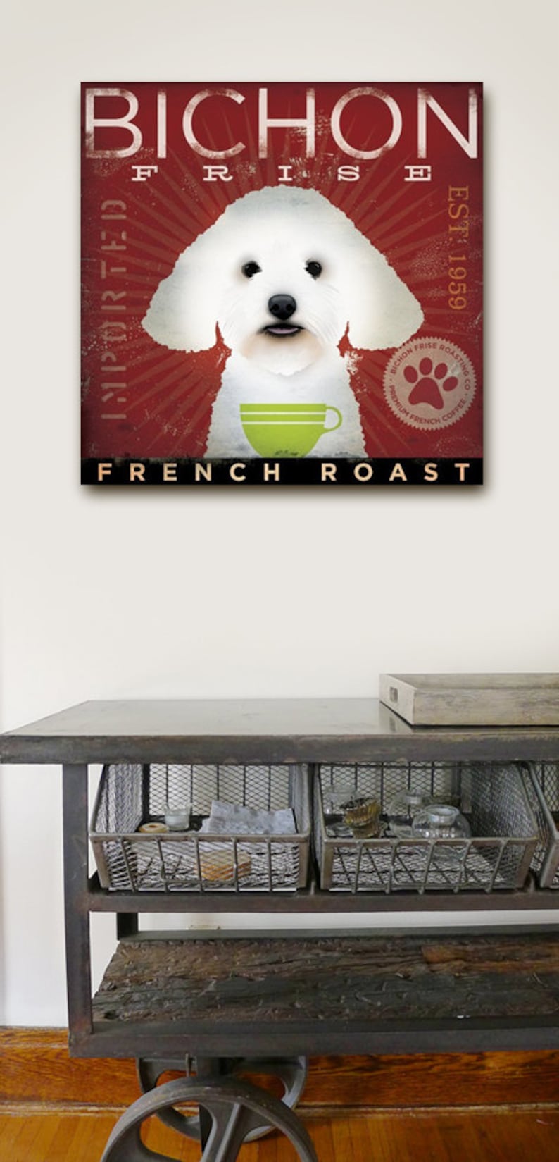 BICHON FRISE dog coffee company vintage style dog artwork on gallery wrapped canvas by stephen fowler image 1