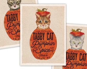 tabby cat, art, artwork, pumpkin, spice, coffee, poster, halloween, autumn, fall,  UNFRAMED