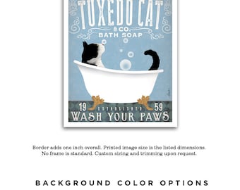 tuxedo cat, bath, clawfoot tub, bubbles, wash your paws, powder room, bubble bath, soap, UNFRAMED, print, personalized gift